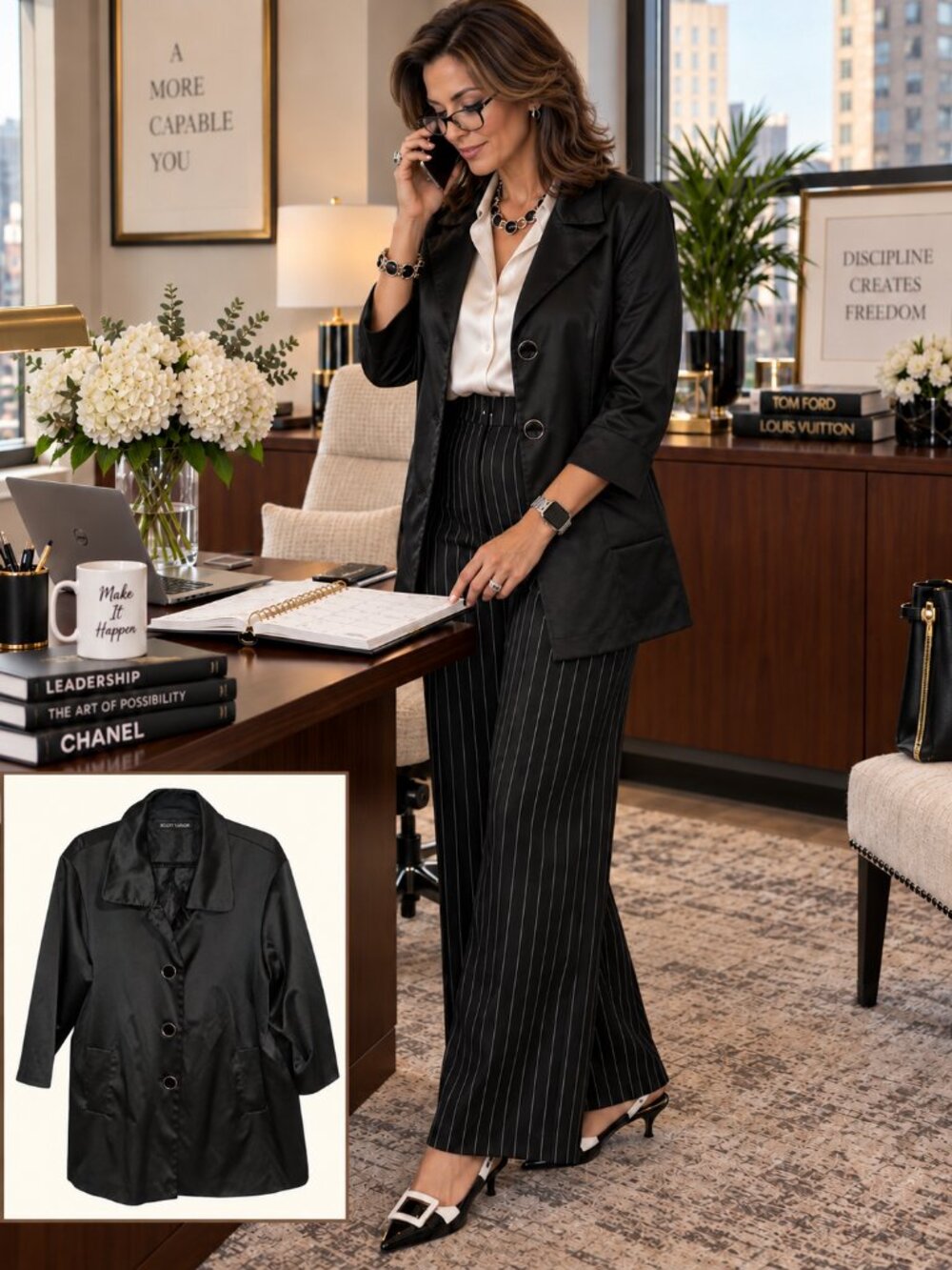 Scott Taylor Black Satin 3-Button Long Blazer Jacket L NWOT